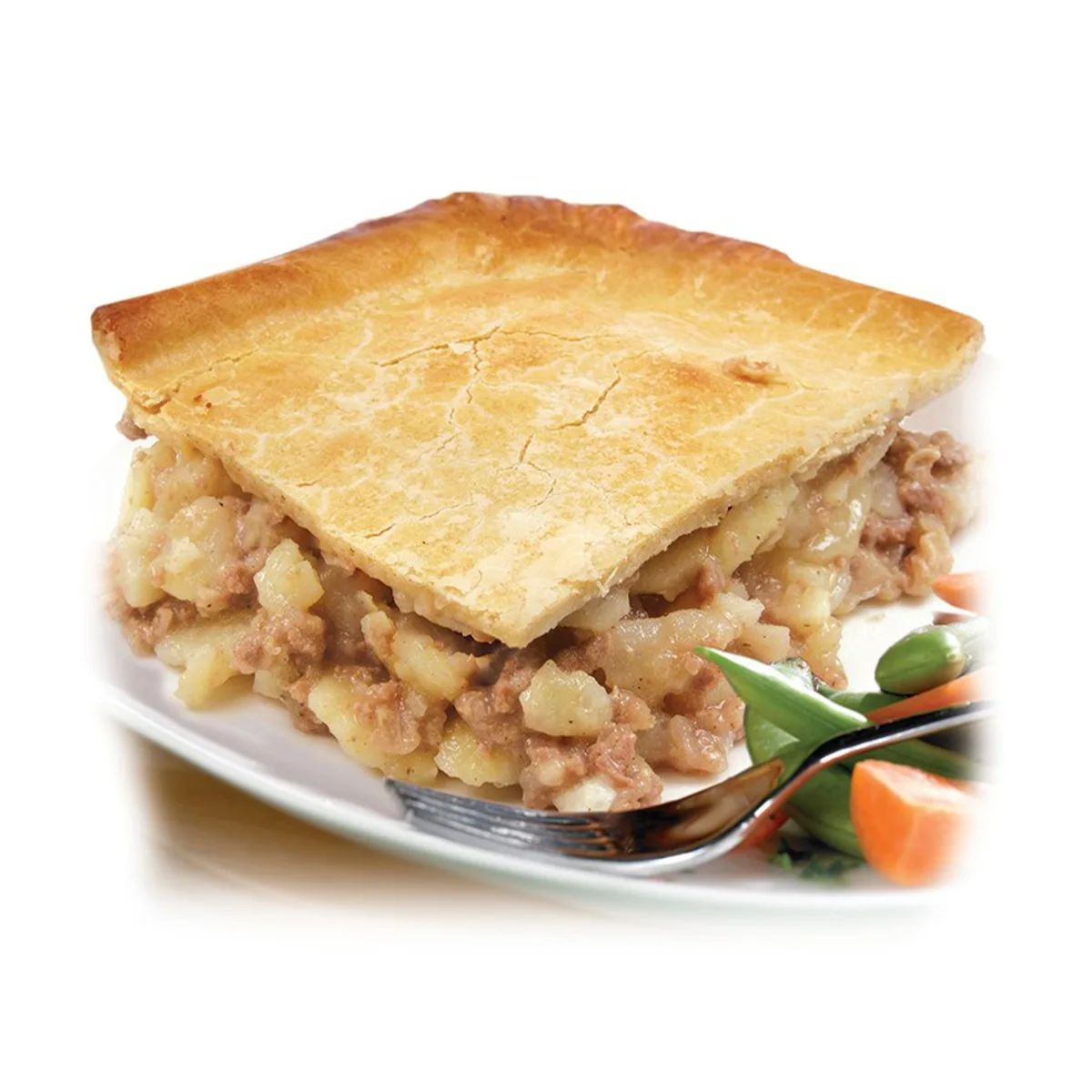 greenhalghs catering party pie filled with potato and meat next to fresh vegetables
