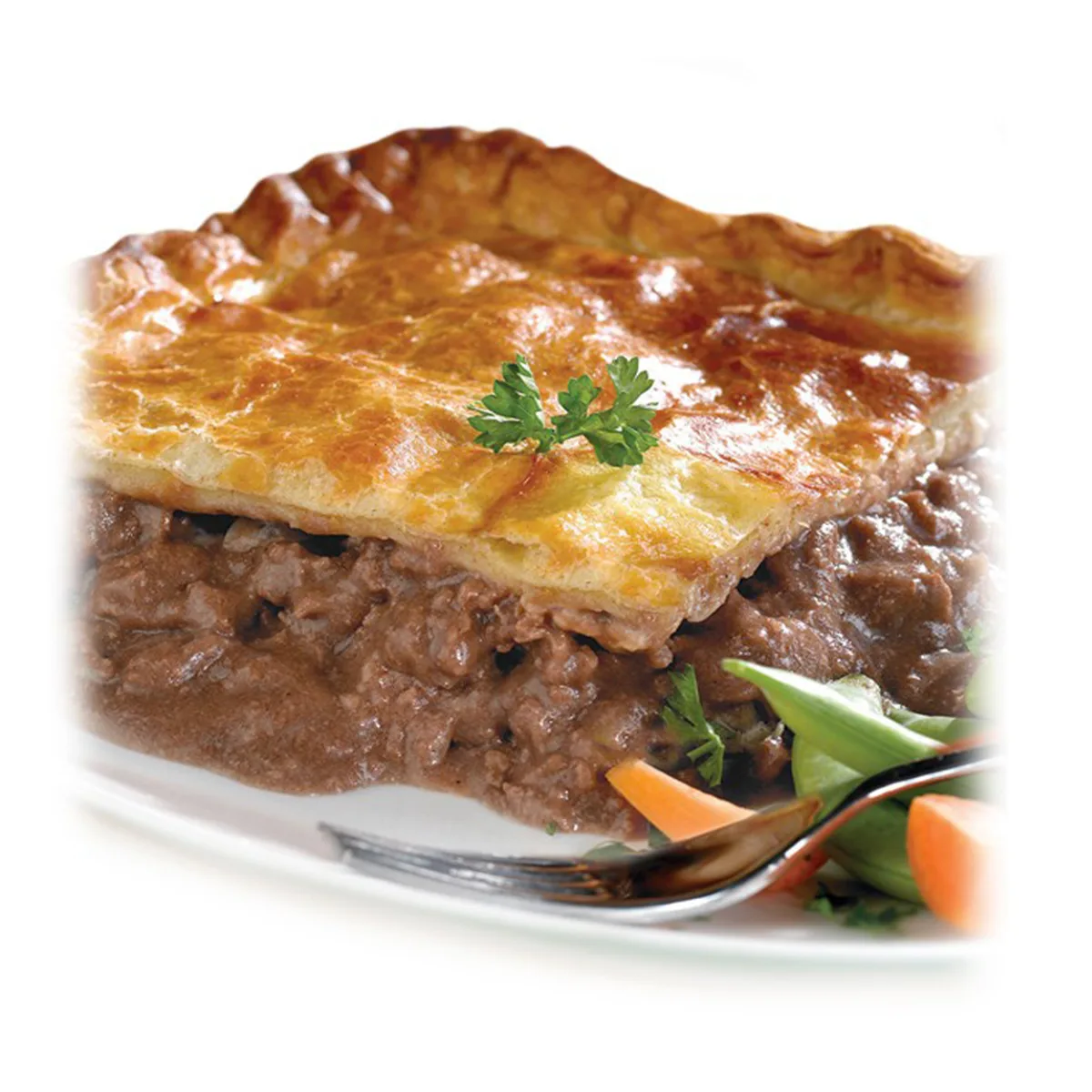 slice of greenhalghs famous deep filled multi portion beefsteak pie