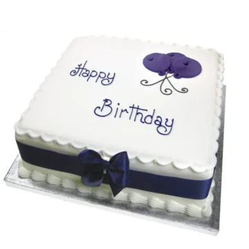 greenhalghs 9 inch celebration cake with dark blue inscription and balloon decoration