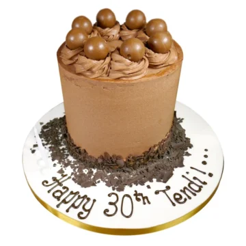Chocolate single tier cake topped with chocolate balls