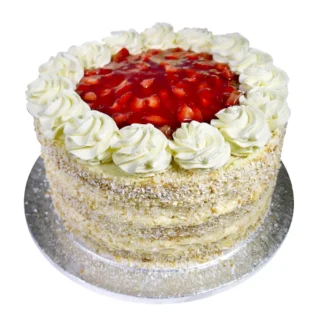 9" strawberry gateau topped with strawberries and cream