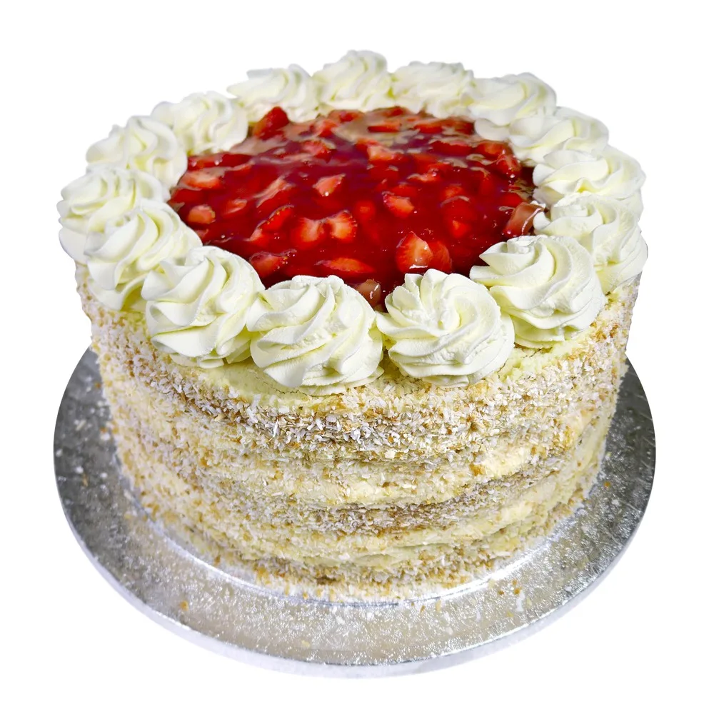 9" strawberry gateau topped with strawberries and cream