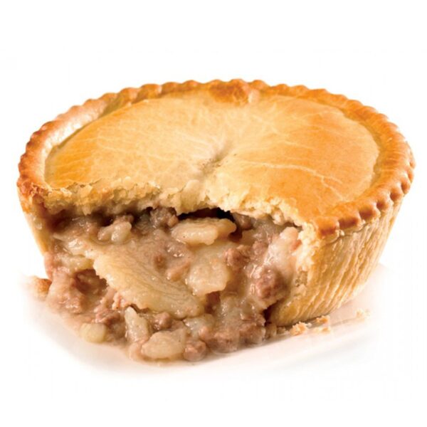 large freshly baked potato and meat pie with the filing oozing out of the side