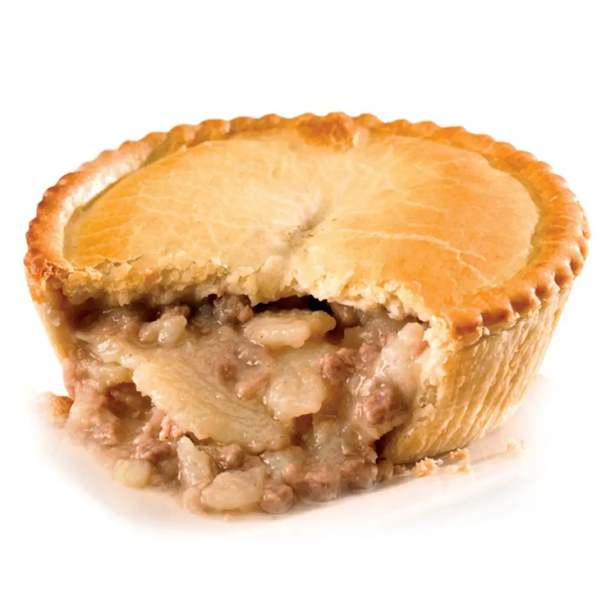 large freshly baked potato and meat pie with the filing oozing out of the side