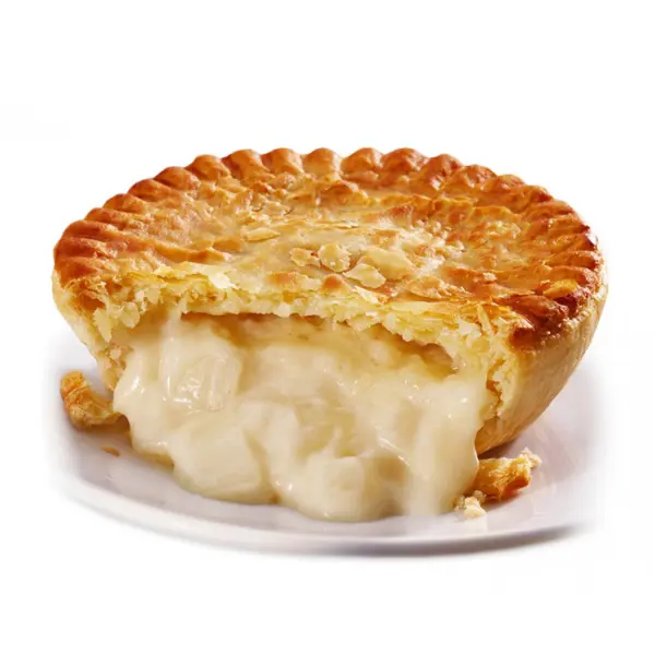 large freshly baked cheese and onion pie with the filing oozing out of the side