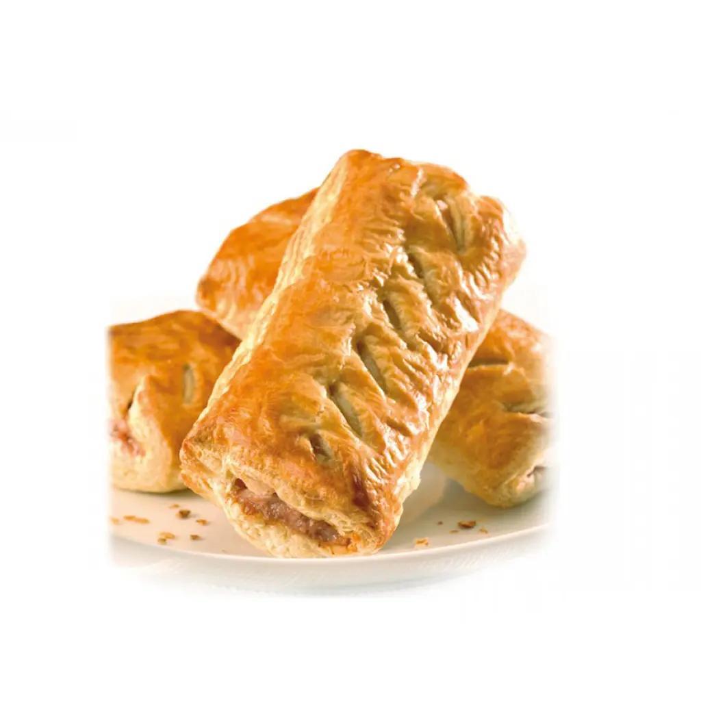 large freshly baked juicy sausage cased in fresh puff pastry