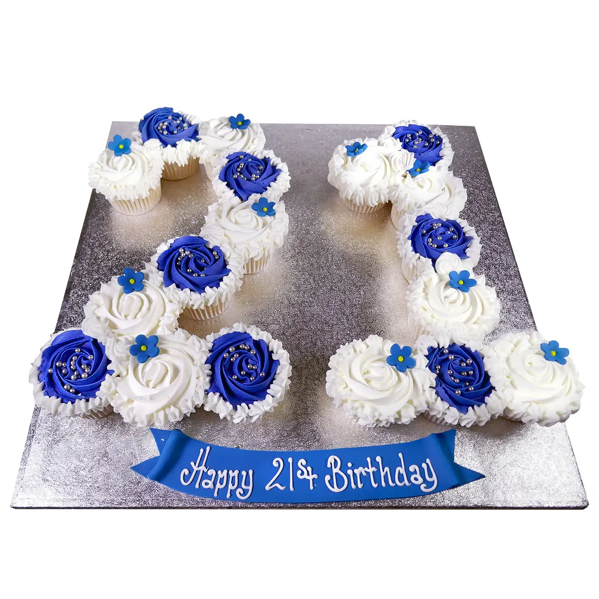 number 21 birthday celebration cupcakes in the shape of a number made up of different colour cupcakes