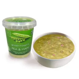 tub of greenhalghs pea and ham soup next to a white bowl of soup