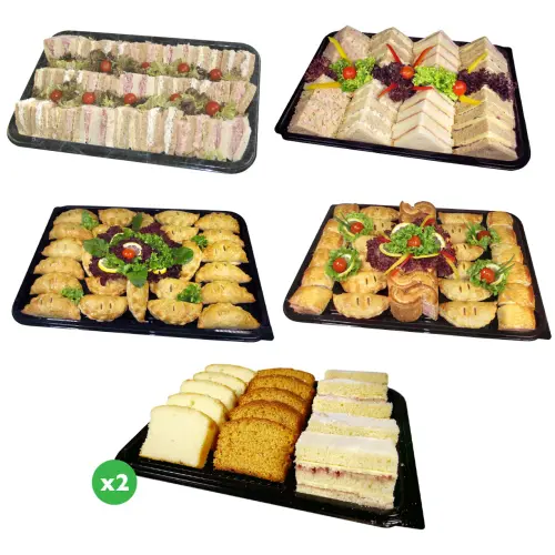 five different platters ranging from sweet treats to savouries and sandwiches