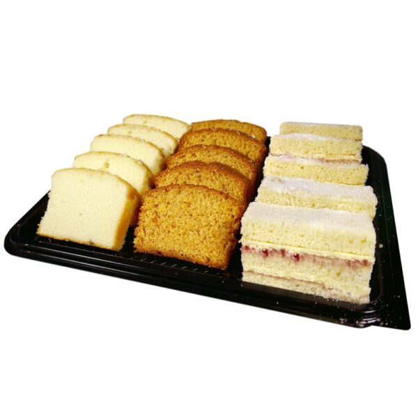 15 piece cake platter, lemon, victoria and caramel and ginger cake loaf each cut up into 5 pieces