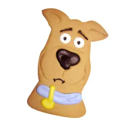 baked ginger bread dooby scoo biscuit in the shape of cartoon dog with blue and yellow collar