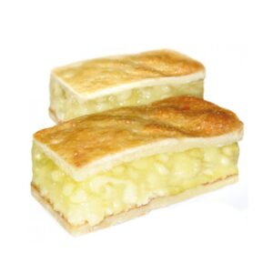 Consisting of a thin layer of crisp pastry, topped with a generous layer of sweet apple pie filling, crowned with a thin layer of delicate sponge and pastry. To create the best tasting apple slice ever.