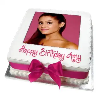 large square photo cake with your choice of photo in the middle