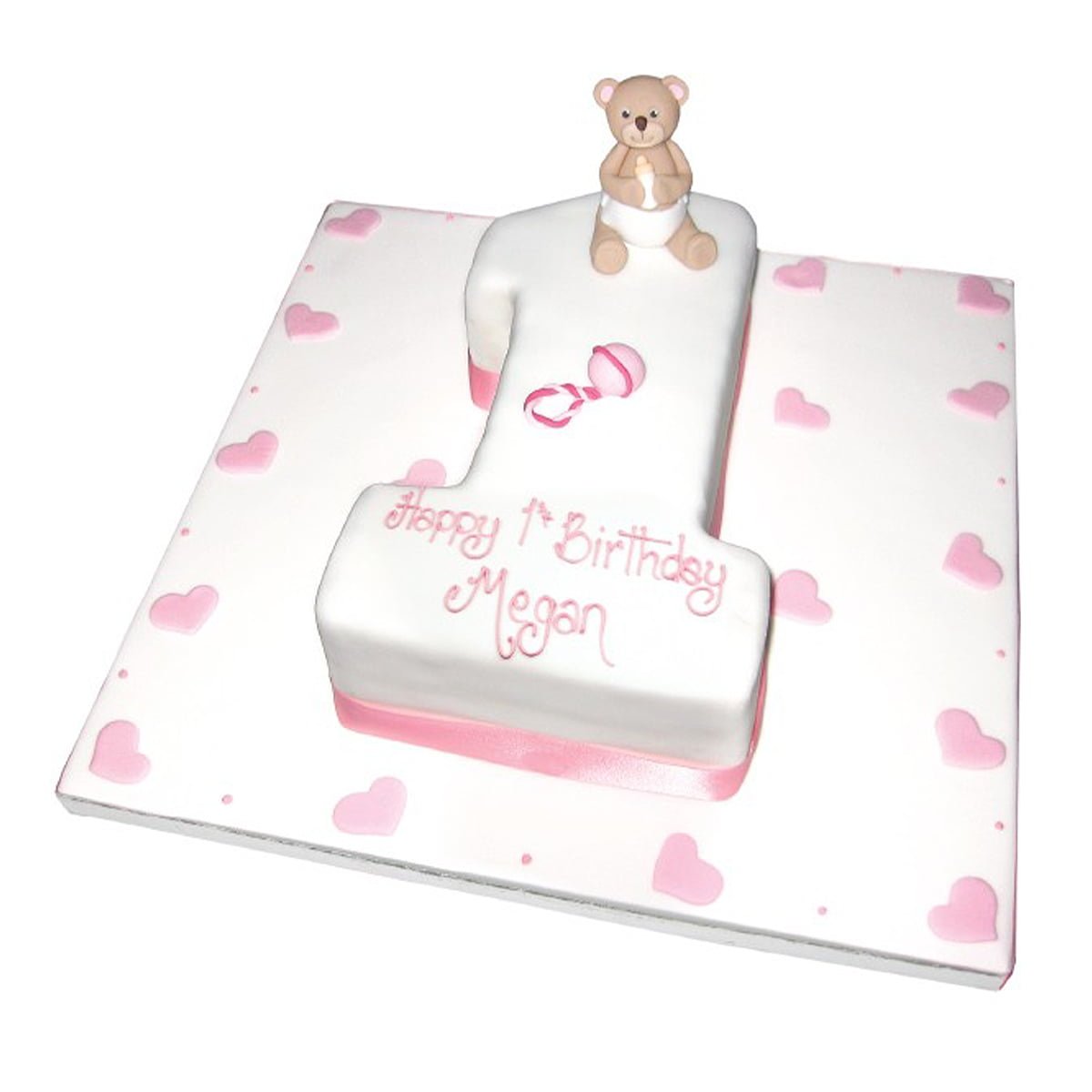 white and pink babys 1st birthday celebration cake with sugar paste teddy