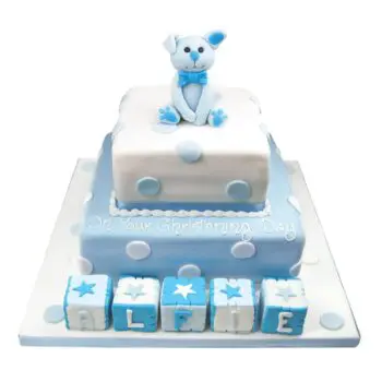 baby rabbit christening cake with sugar paste blocks and rabbit