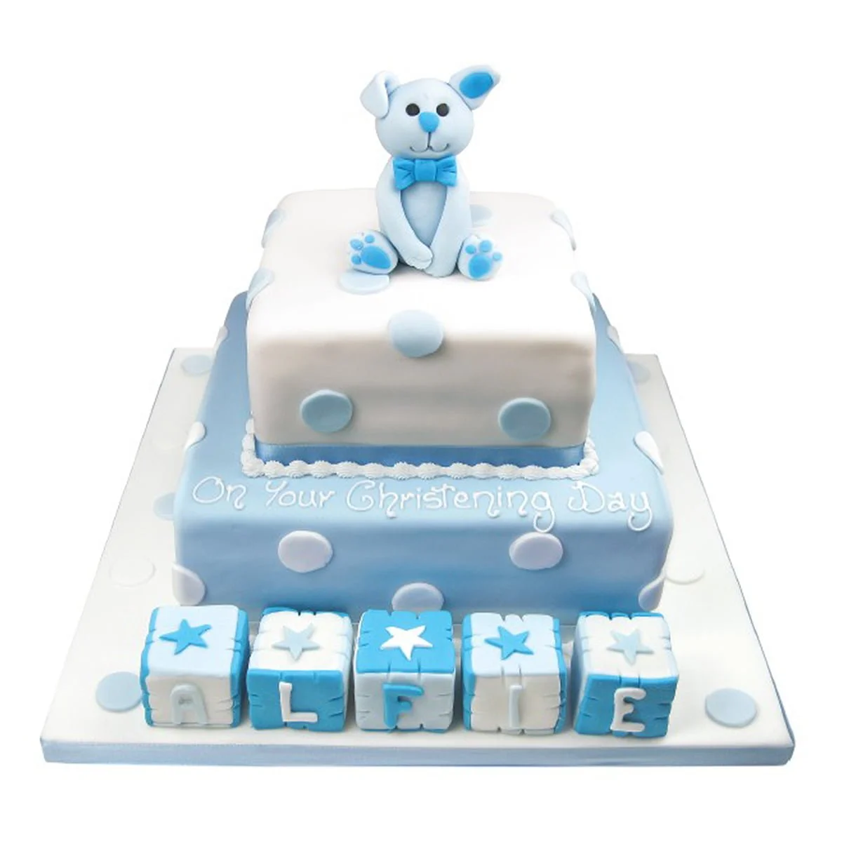 baby rabbit christening cake with sugar paste blocks and rabbit