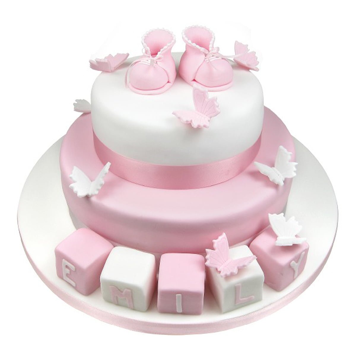pink and white butterflies, boots and blocks cake