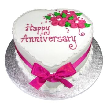 pink and white anniversary cake with pink sugar paste flowers