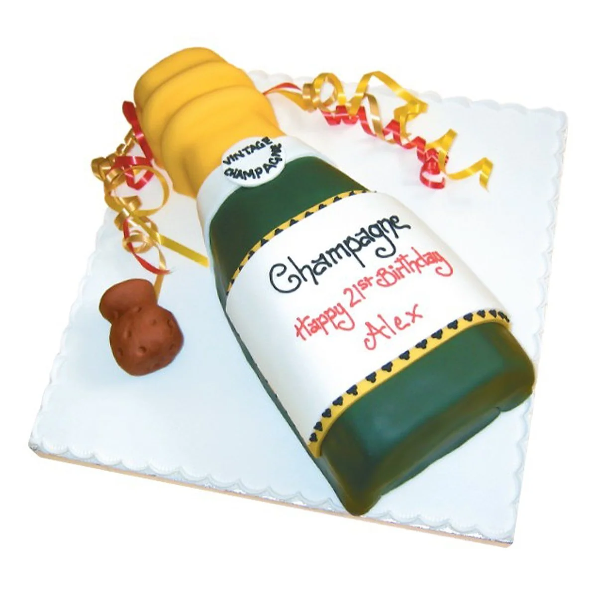 celebration cake in the shape of a champagne bottle