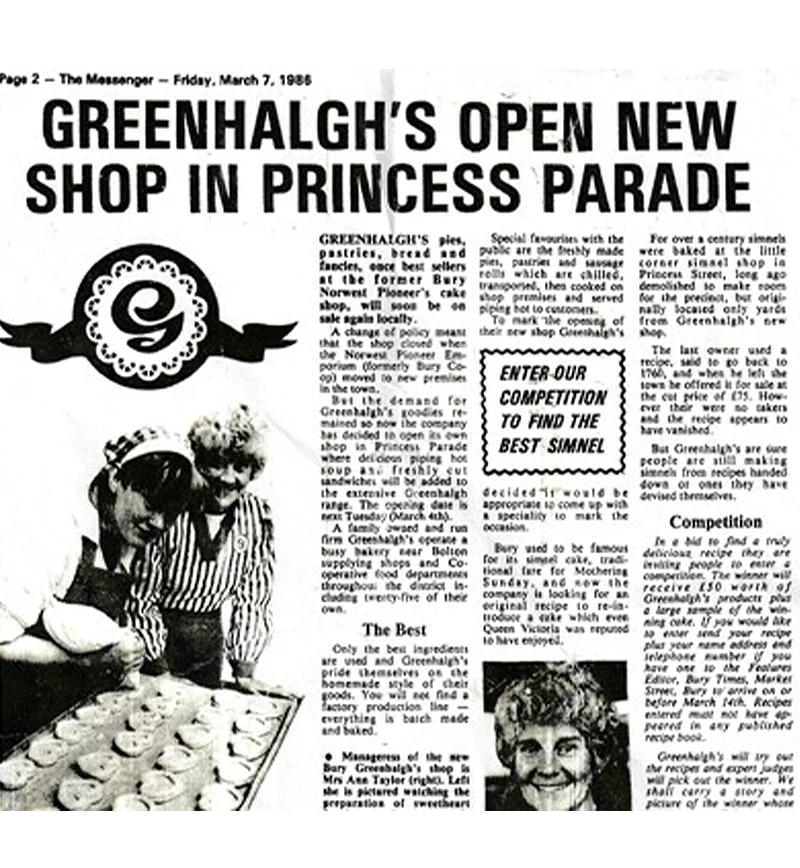 newspaper article from 1986 advertising Greenhalghs new store