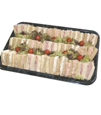 greenhalghs 40 piece sandwich platter with ham, cheese and tomato, tuna, egg mayonnaise, pork and apple, chicken and stuffing, cheese and red onion