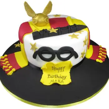 Magic school celebration cake in the house colours from the harry potter films
