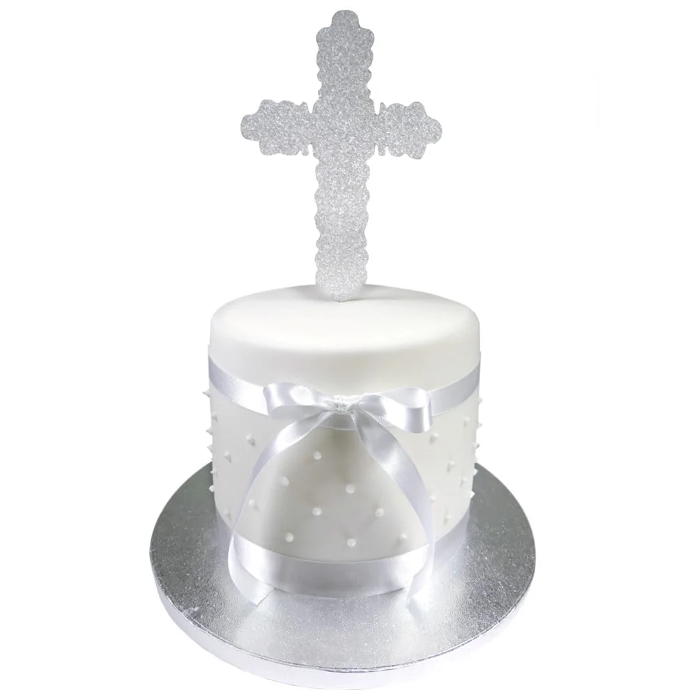 sliver cross single tier white and silver celebration cake
