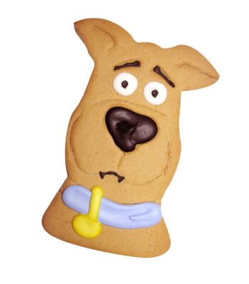 dog themed ginger bread with blue and yellow icing with the design of a cartoon dog