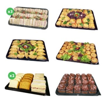 range of 40 piece sandwich platters, cake slice platters and pork pie platters for 50