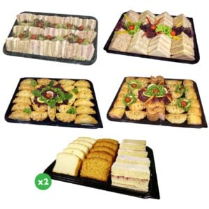 range of 40 piece sandwich platters, cake slice platters and pork pie platters for 25