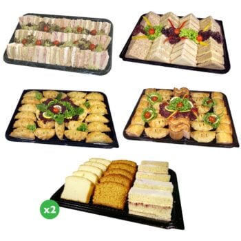range of 40 piece sandwich platters, cake slice platters and pork pie platters for 25
