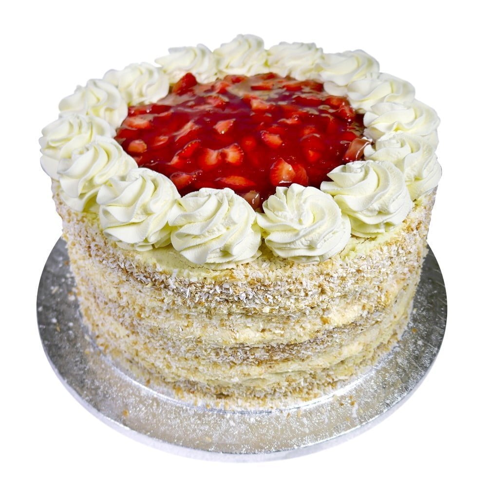9 inch strawberry gateau cake topped with strawberrys and cream