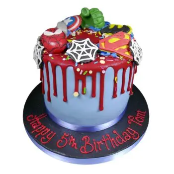 superhero supreme celebration cake with different dc and marvel characters on top of the cake