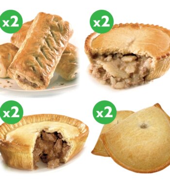 greenhalghs famous mighty meat bundle consisting of sausage rolls, meat pies and pasties