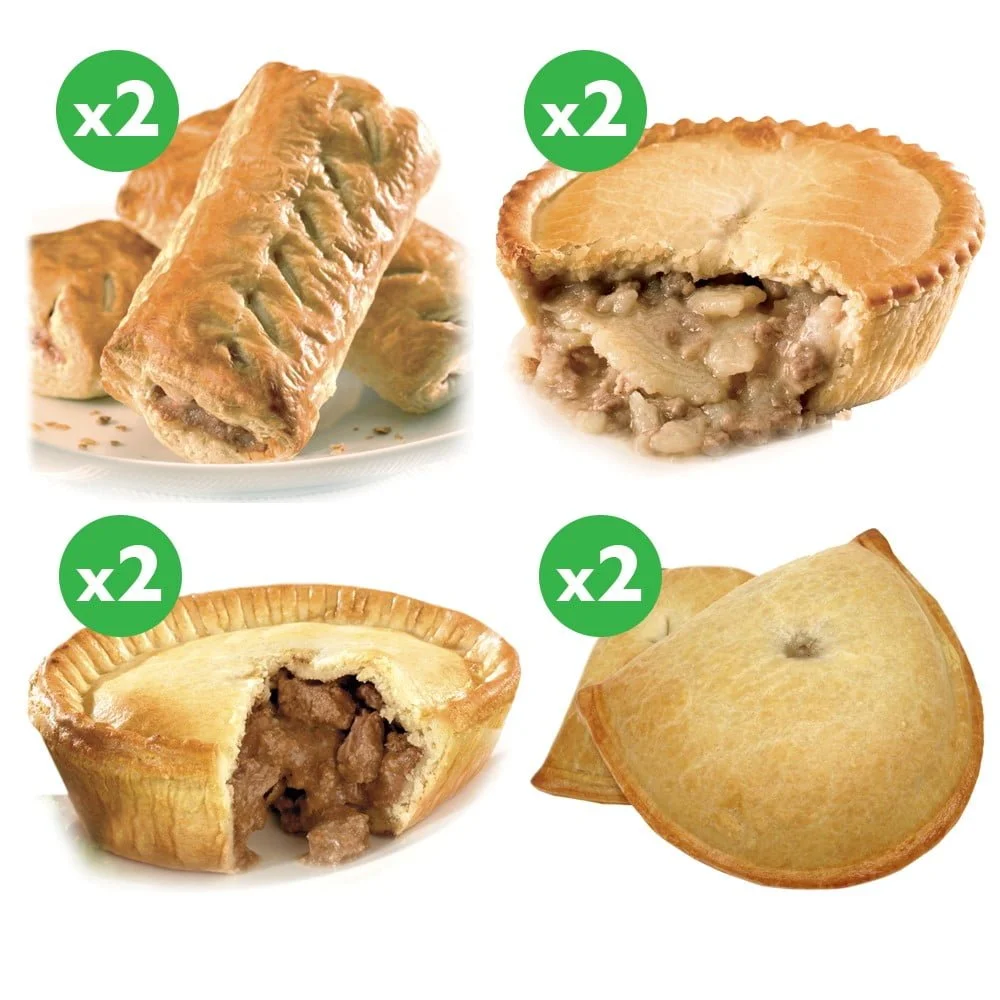 greenhalghs famous mighty meat bundle consisting of sausage rolls, meat pies and pasties