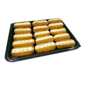 platter of 15 freshly baked mini cream doughnuts on a black serving tray