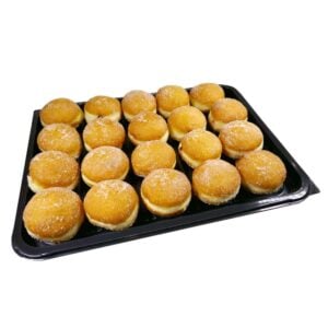platter of 20 freshly made mini jam doughnuts on a black tray