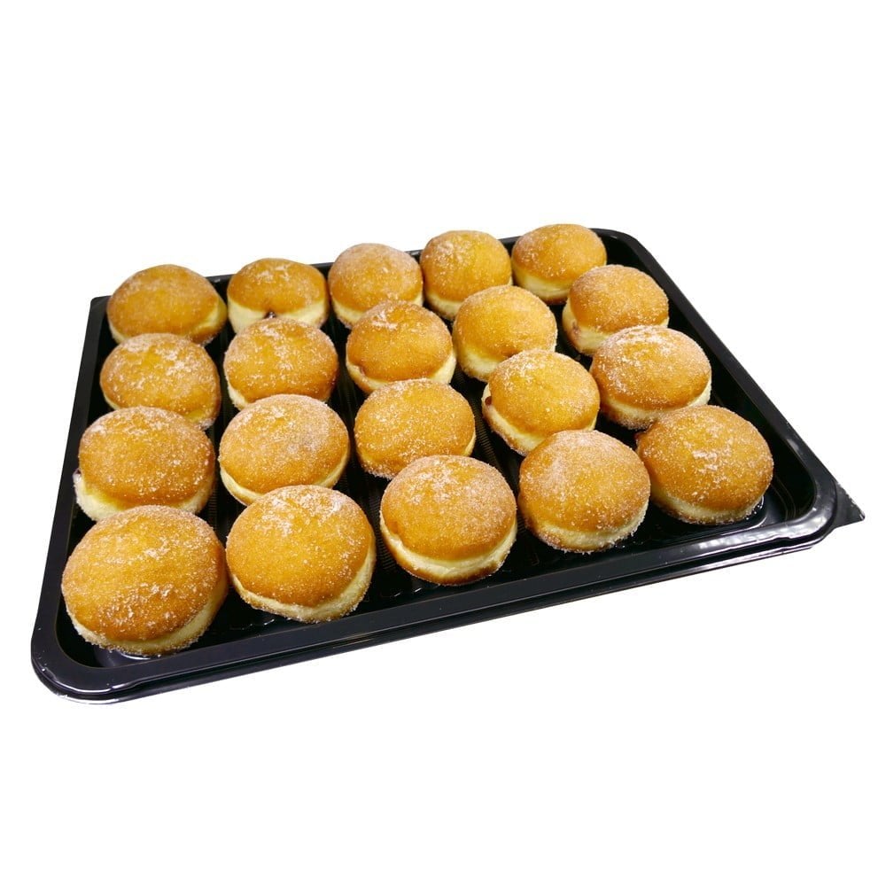 platter of 20 freshly made mini jam doughnuts on a black tray