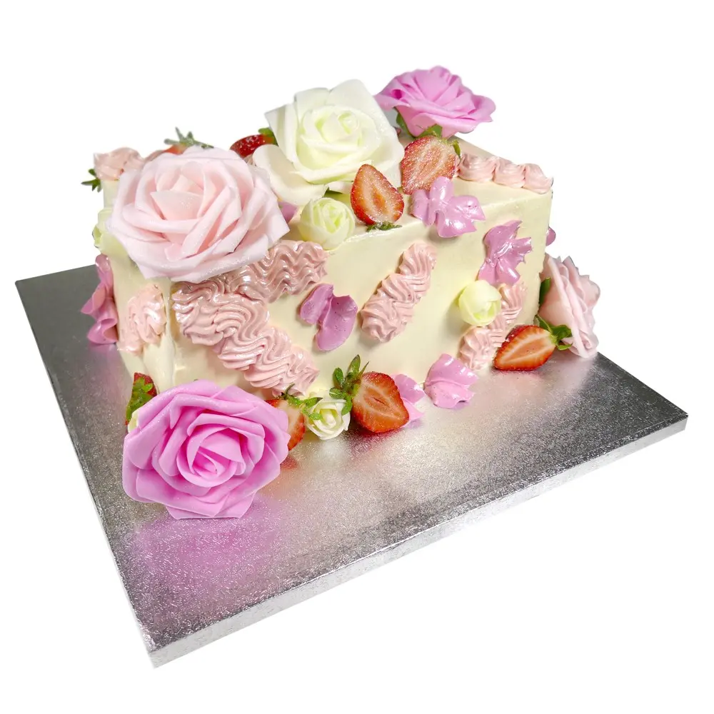 rectangle pink cake Buttercream Celebration Cake rose and strawberry