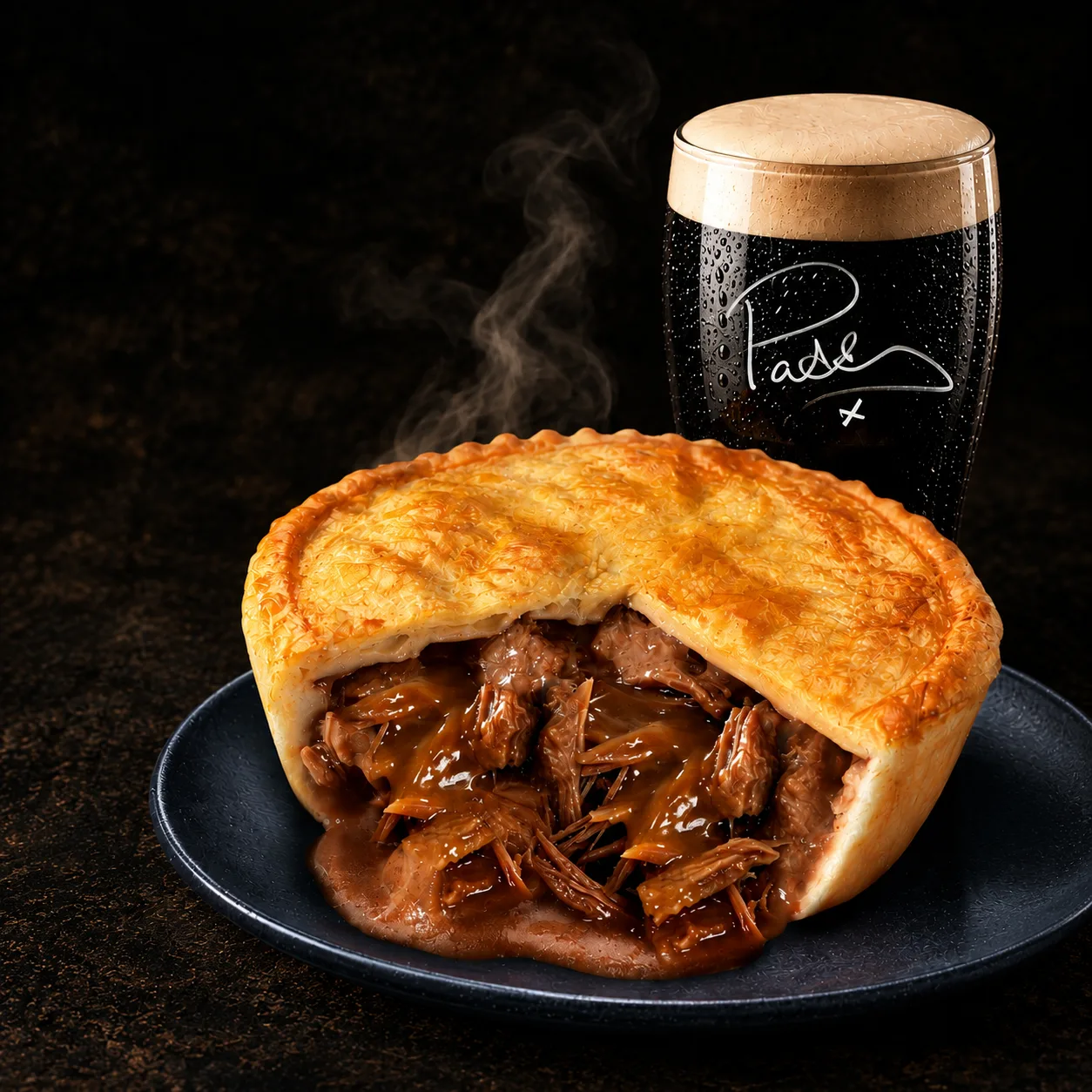steak-and-mcguinness-pie Steak & McGuinness Pie by Greenhalgh's, made with Paddy McGuinness, served with a pint of Guinness Extra Stout on a dark rustic background, featuring Paddy's signature